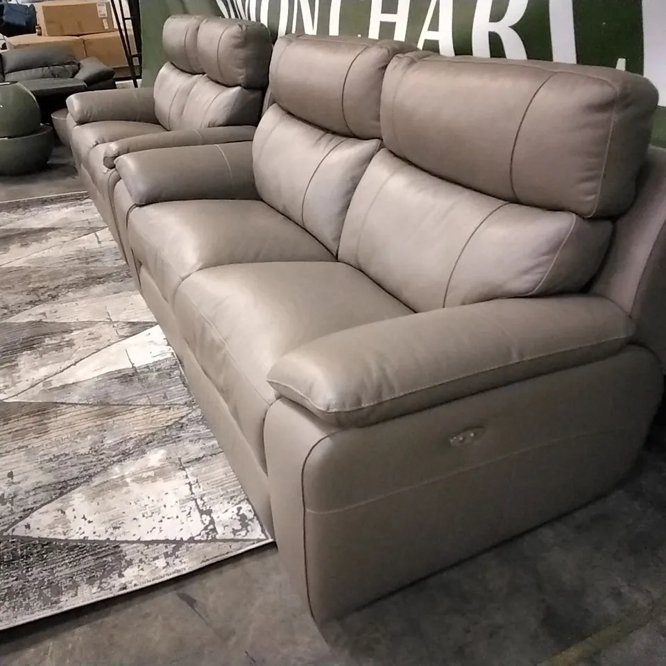 QUALITY ITALIAN GREY LEATHER UPHOLSTERED POWER RECLINING THREE AND TWO SEATER SOFAS 