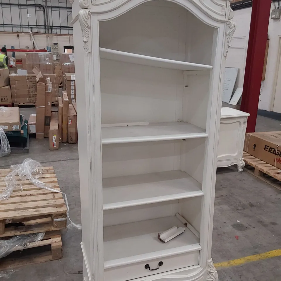 FRENCH STYLE DISTRESSED WHITE OPEN SHELF DISPLAY UNIT  & DOUBLE DOOR CUPBOARD & WHITE BEDSIDE CABINET 