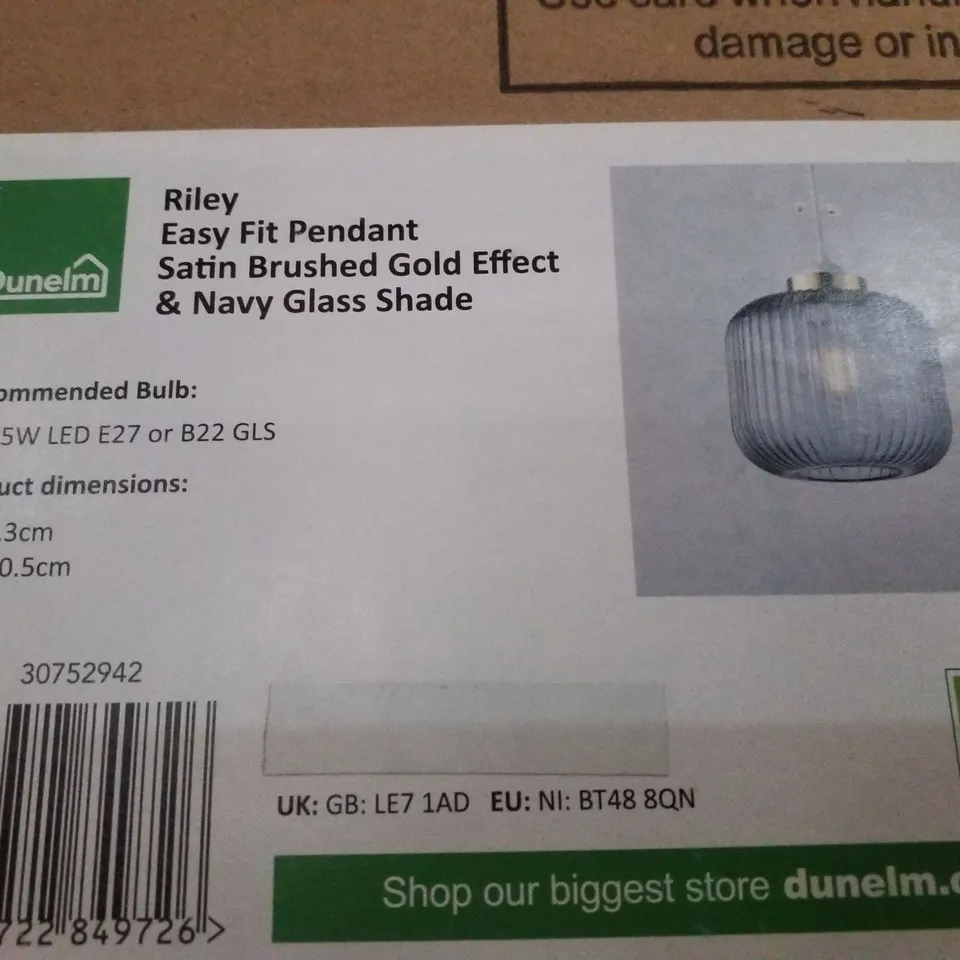 BOXED DUNELM RILEY EASY FIT PENDANT SATIN BRUSHED GOLD EFFECT & NAVY GLASS SHADE