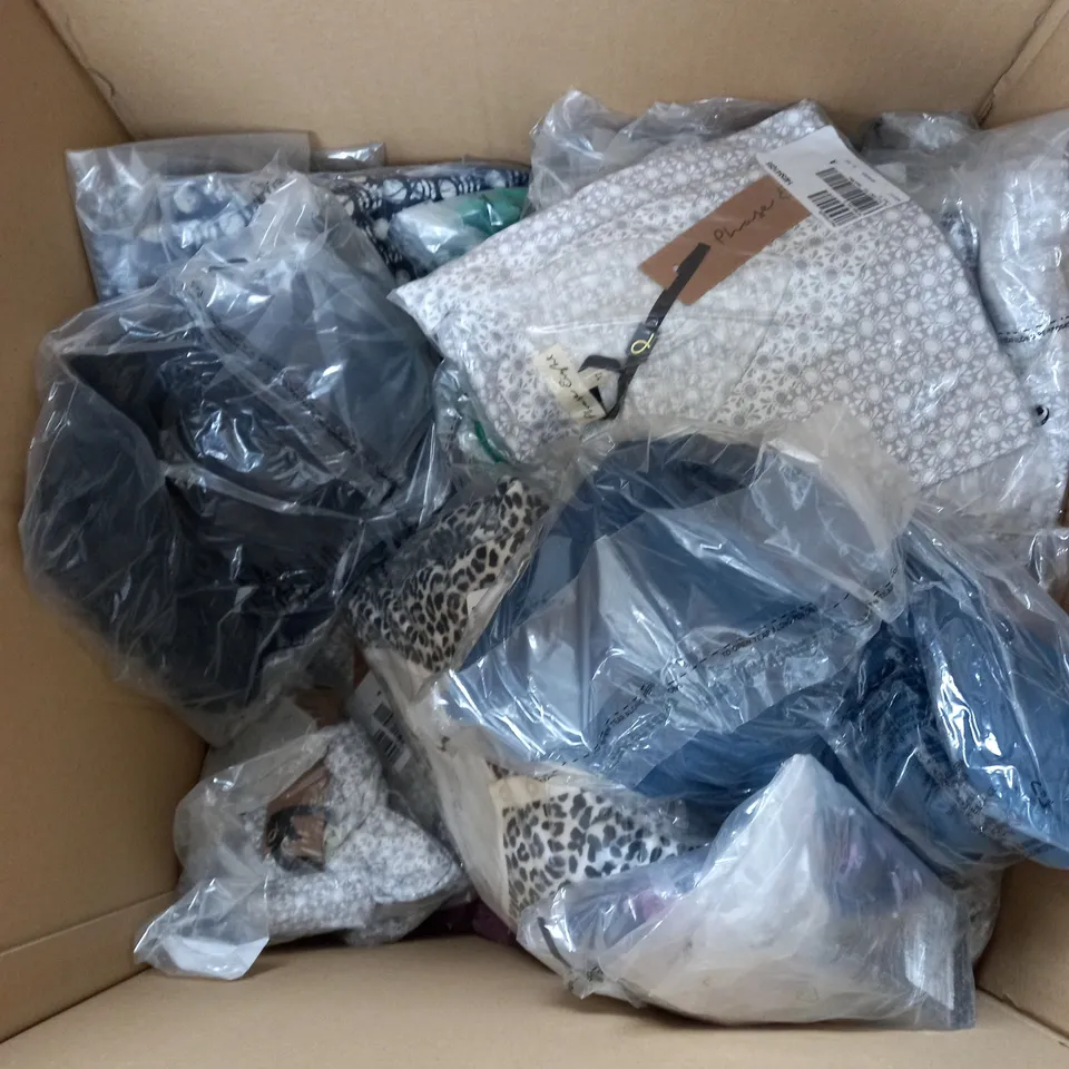 BOX OF APPROXIMATELY 30 ASSORTED CLOTHING PRODUCTS IN VARIOUS SIZES TO INCLUDE SKIRTS, JUMPERS, DRESSES ETC