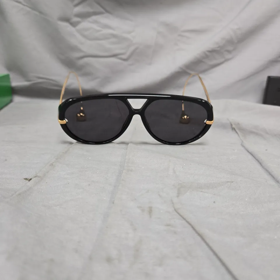 SUNGLASSES – BLACK SHIELD FRAME WITH GOLD-TONE ARMS; GREEN BOTTEGA VENETA BOX