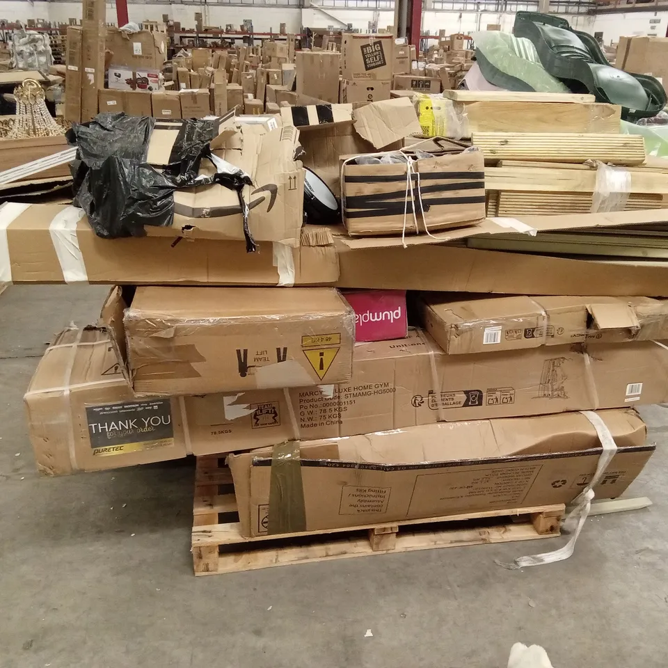 PALLET OF ASSORTED INCOMPLETE OR DAMAGED SPORTS GOODS TO INCLUDE; GYM EQUIPMENT, PLUM TOWER PARTS, TRAMPOLINES ETC