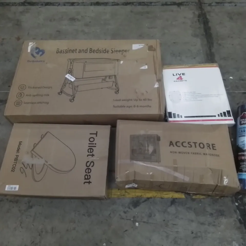 PALLET CONTAINING ASSORTED HOUSEHOLD & HOME IMPROVEMENT PRODUCTS. INCLUDES SIDE TABLE, BASSINET & BEDSIDE SLEEPER, TOILET SEAT, CARPET PROTECTOR FILM, FABRIC WARDROBE ETC