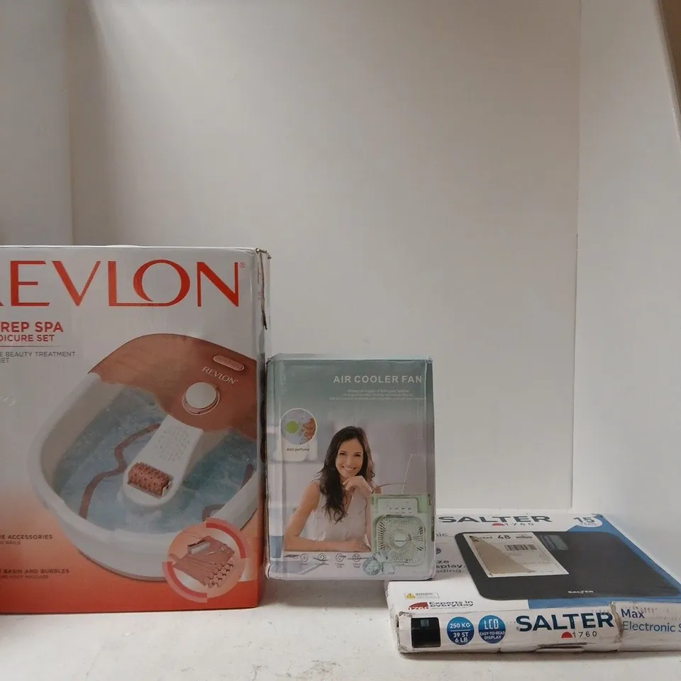 BOX OF APPROXIMATELY 8 ASSORTED ITEMS INCLUDING A REVLON PEDIPREP SPA, AN AIR COOLER FAN AND SALTER MAX ELECTRONIC SCALES