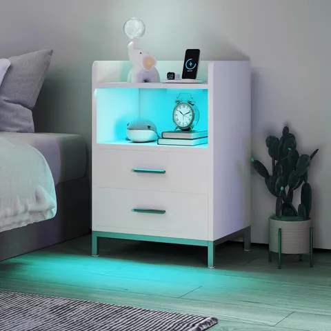 BOXED METRO LANE WHITE BEDSIDE TABLE WITH CHARGING STATION & 2 DRAWERS (1 BOX)
