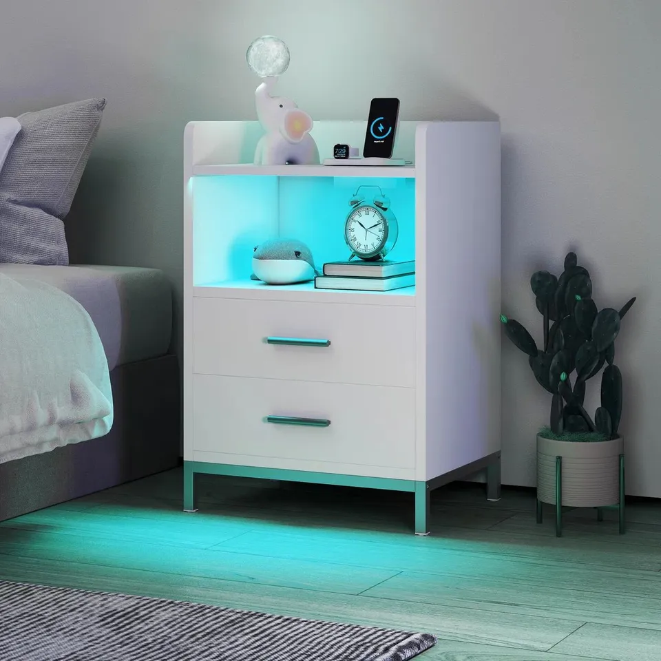 BOXED METRO LANE WHITE BEDSIDE TABLE WITH CHARGING STATION & 2 DRAWERS (1 BOX)