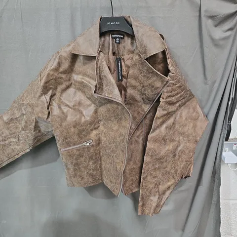 PRETTYLITTLETHING BROWN FAUX LEATHER JACKET, UK 4 (EU 32) DISTRESSED LOOK