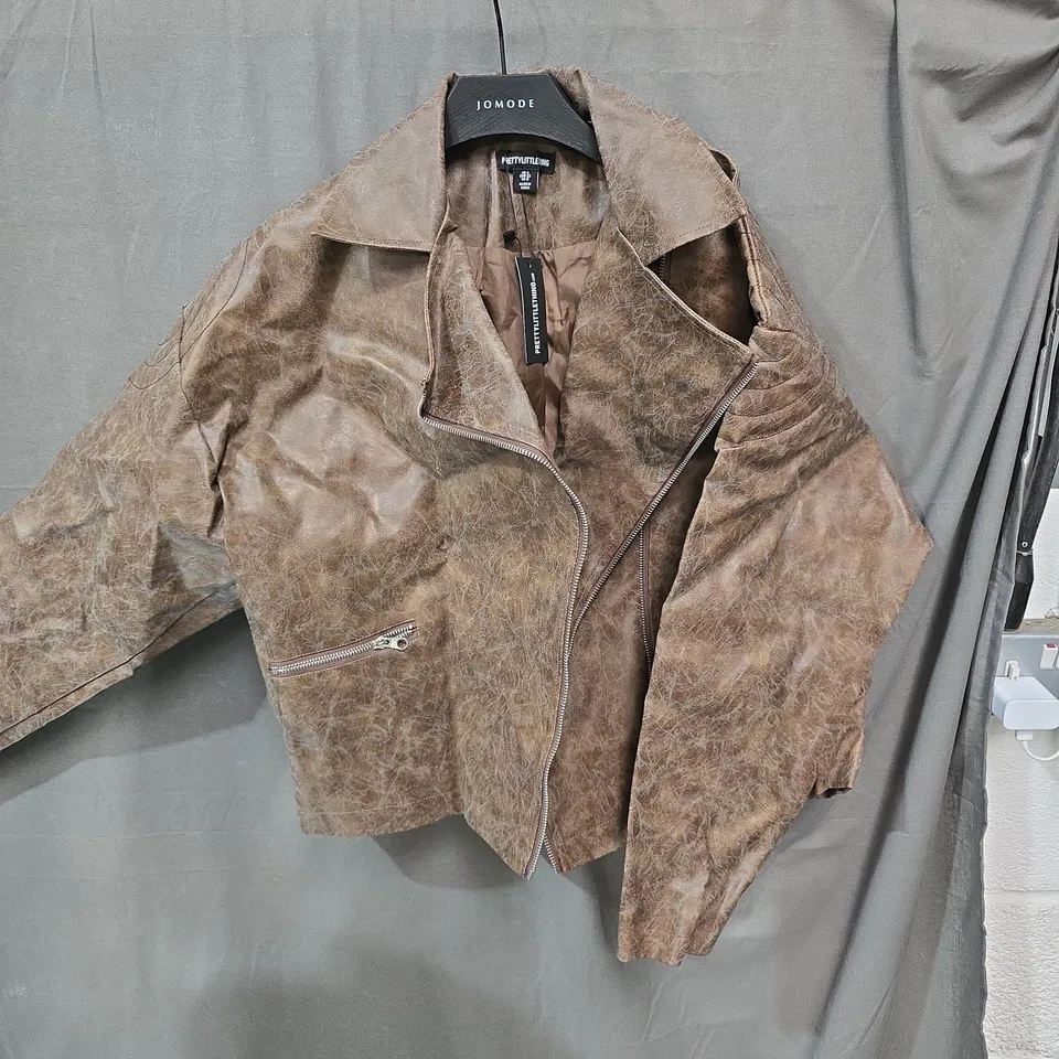 PRETTYLITTLETHING BROWN FAUX LEATHER JACKET, UK 4 (EU 32) DISTRESSED LOOK