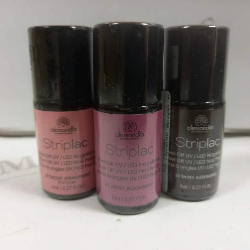 BOX OF APPROX 100 ASSORTED ALESSANDRO STRIPLAC PEEL-OFF UV LED NAIL POLISH #EXOTIC STRAWBERRY, #SWEET BLACKBERRY, #SHINY AUBERGINE