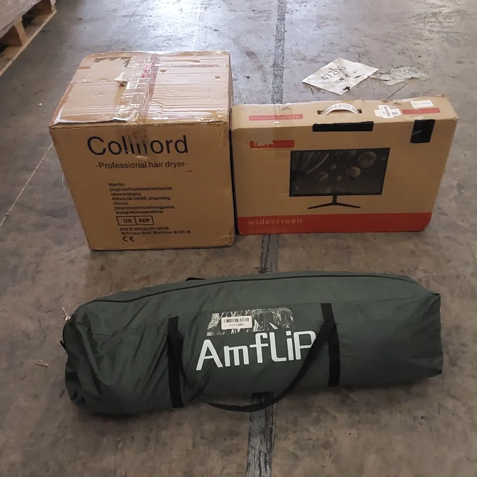 PALLET TO CONTAIN ASSORTED HOUSEHOLD ITEMS AND CONSUMER PRODUCTS. INCLUDING HAIR DRYER, TENT, BOXED FURNITURE ETC