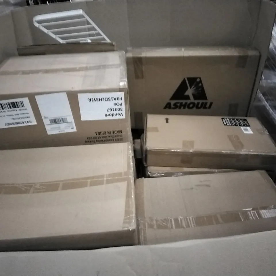 PALLET OF ASSORTED ITEMS INCLUDING ASHOULI, FRONT DIP BINS, FORMBU END TABLE WITH DRAWER, REDWOOD TALL WIND BREAK, M DESIGN TOWEL STORAGE RACK