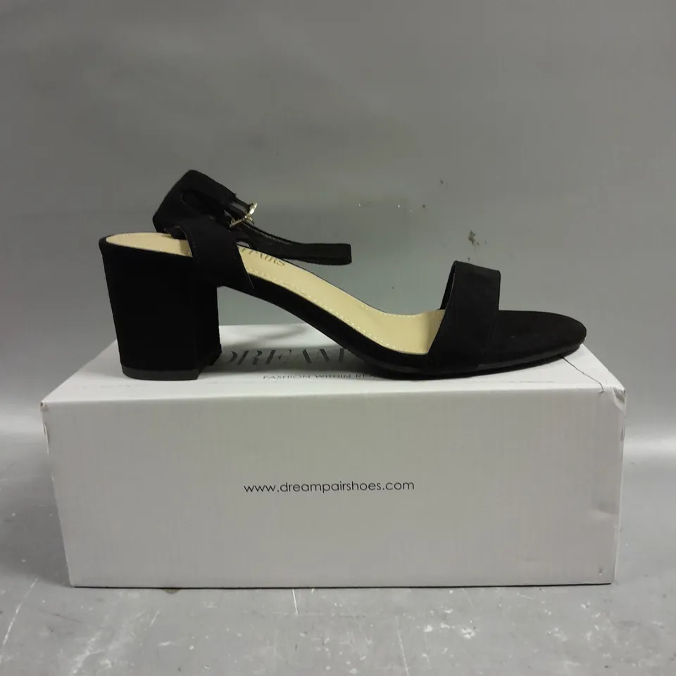 BOXED PAIR OF DREAM PARIS CARNIVAL BLACK SUEDE OPEN TOE SHOES - 9.5