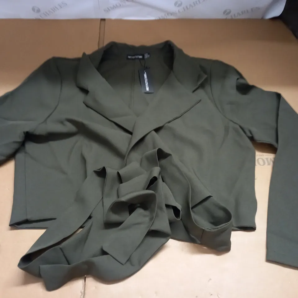 PRETTYLITTLETHING OLIVE WRAP FRONT CROP BLAZER - UK 20