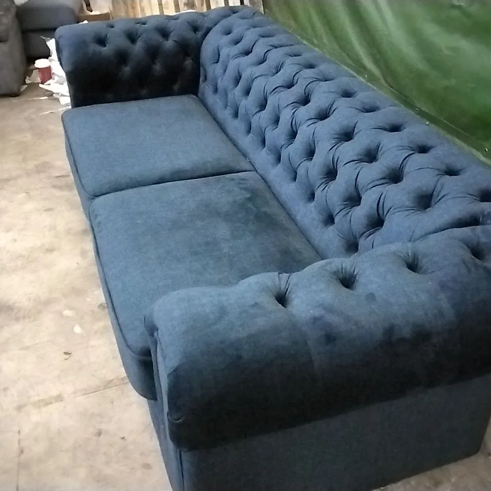 QUALITY DESIGNER NAVY BLUE PLUSH FABRIC 3 SEATER CHESTERFIELD SOFA