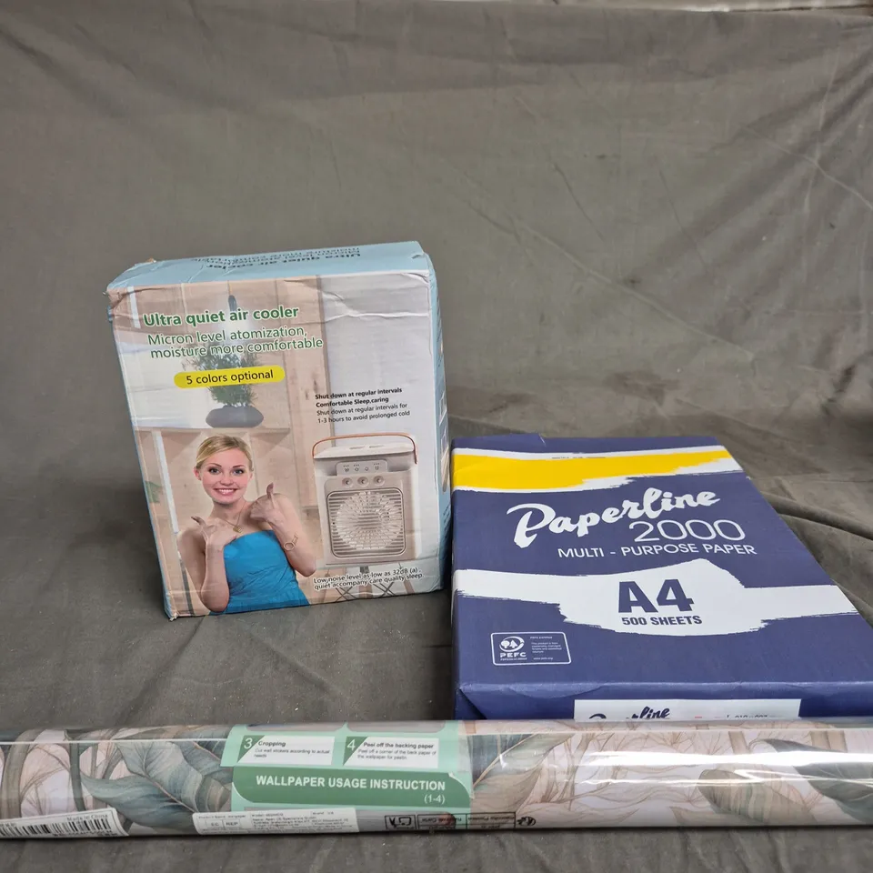 BOX OF APPROXIMATELY 15 ASSORTED HOUSEHOLD ITEMS TO INCLUDE MULTI-PURPOSE PAPER, MINI FAN AND WALLPAPER