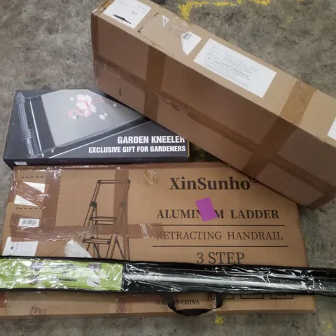 PALLET CONTAINING ASSORTED PRODUCTS INCLUDING RETRACTABLE BARRIER, GARDEN KNEELED, ALUMINIUM LADDER & BIRD SCARER KITE