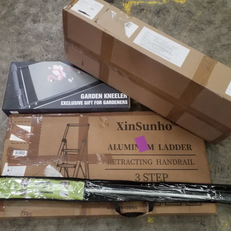 PALLET CONTAINING ASSORTED PRODUCTS INCLUDING RETRACTABLE BARRIER, GARDEN KNEELED, ALUMINIUM LADDER & BIRD SCARER KITE