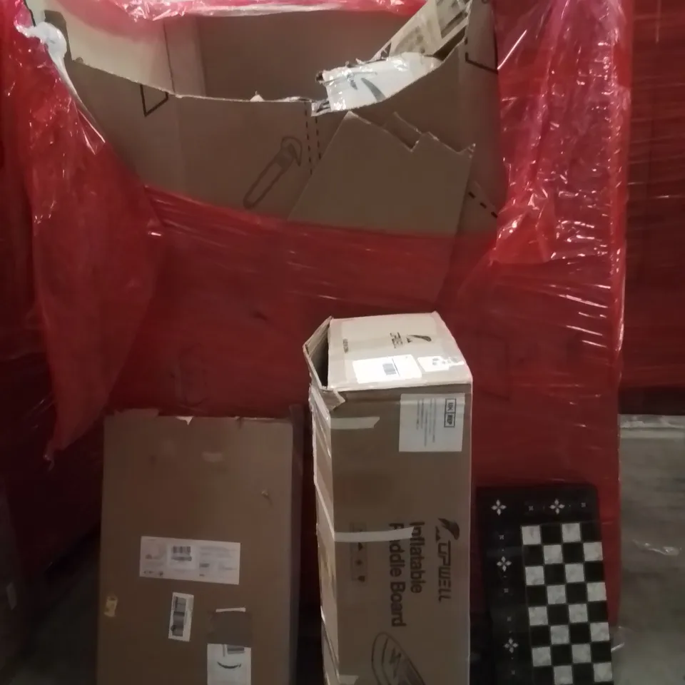 PALLET OF ASSORTED HOUSEHOLD GOODS AND PRODUCTS TO INCLUDE;INFLATABLE PADDED BOARD,PICTURE FRAME SET CHRISTMAS BOX