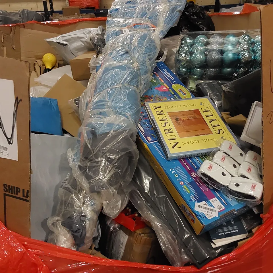 PALLET TO CONTAIN ASSORTED HOUSEHOLD ITEMS AND CONSUMER PRODUCTS. INCLUDING TOYS, CHRISTMAS DECORATIONS, VACUUM CLEANER, BOXED FURNITURE ETC