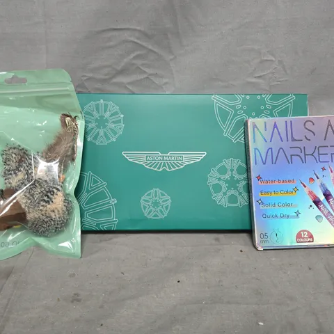 APPROXIMATELY 10 ASSORTED HOUSEHOLD ITEMS TO INCLUDE NAILS ART MAKER, ASTON MARTIN FESTIVE DECORATIONS, ETC
