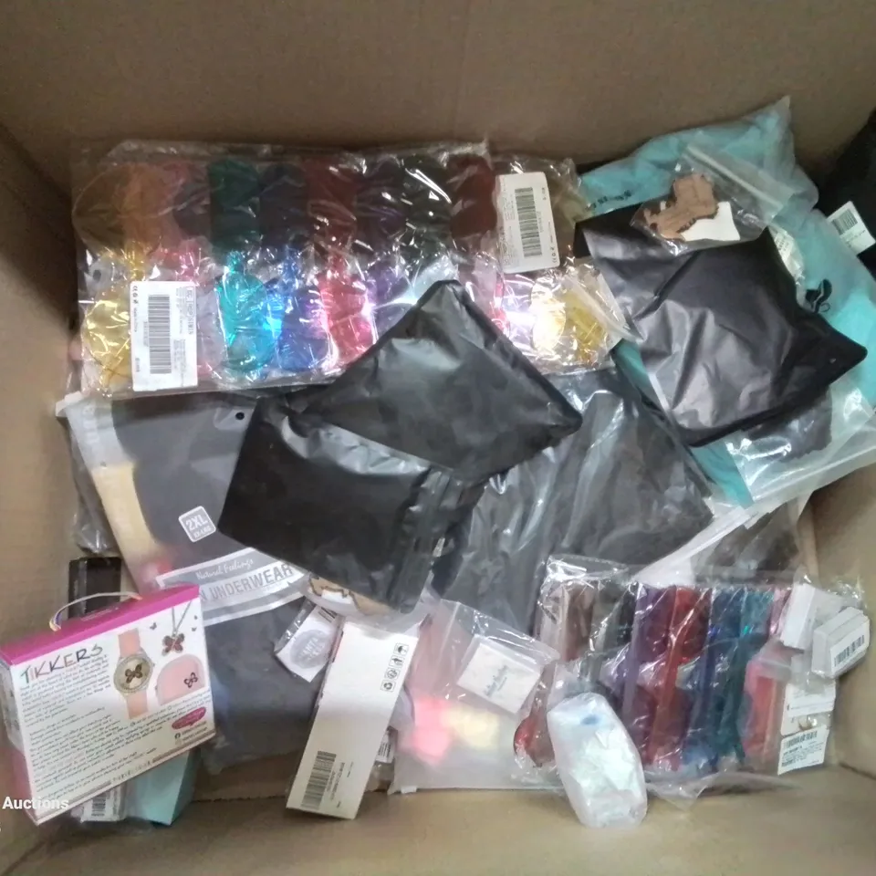 BOX CONTAINING LARGE AMOUNT OF MIXED FASHION ITEMS, SILVER PLATE AND COSTUME JEWELLERY, CLOTHING ITEMS ETC.