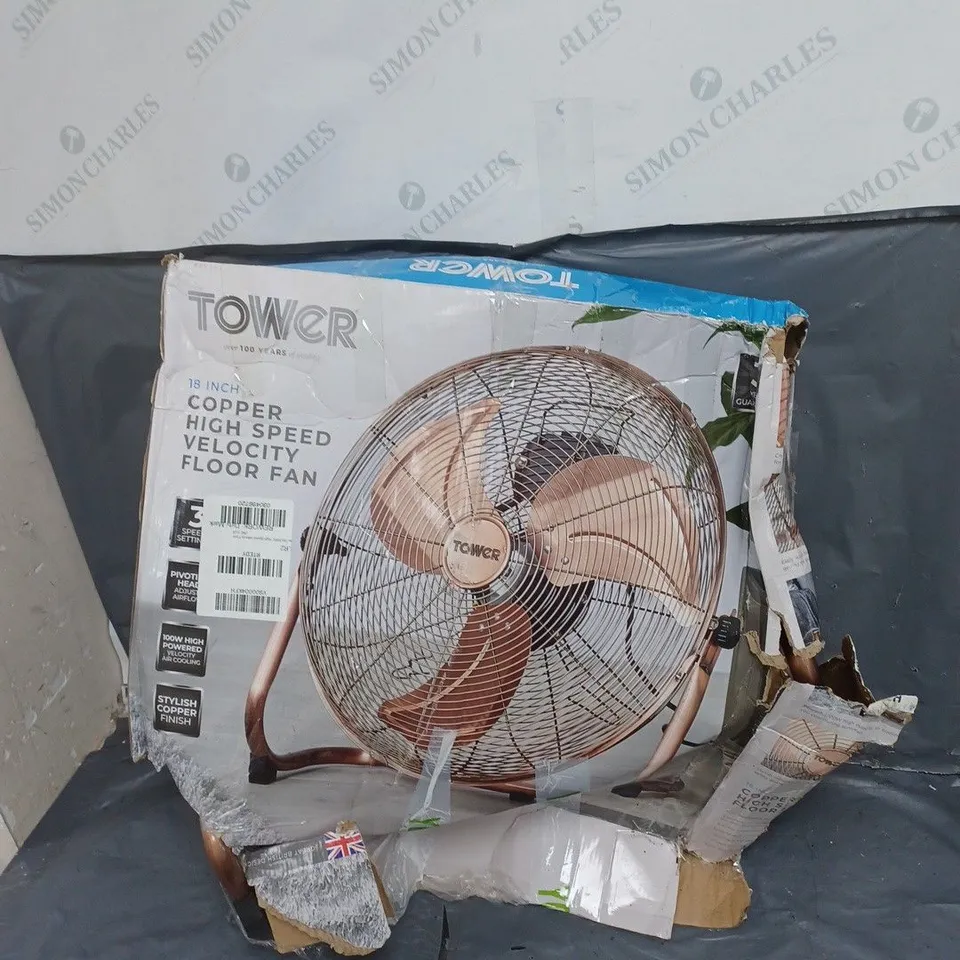 TOWER T662000C HIGH-SPEED VELOCITY FLOOR FAN WITH ADJUSTABLE TILT, LONG-LIFE MOTOR, 18 INCH, 100W, COPPER RRP £69