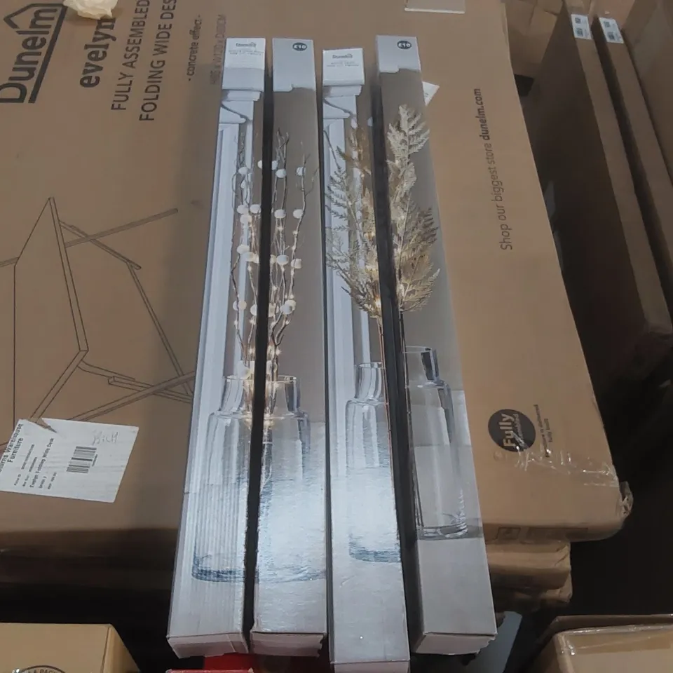 BOX CONTAINING 4x SMALL CHRISTMAS PRE-LIT ARTIFICIAL TWIG DECORATIONS