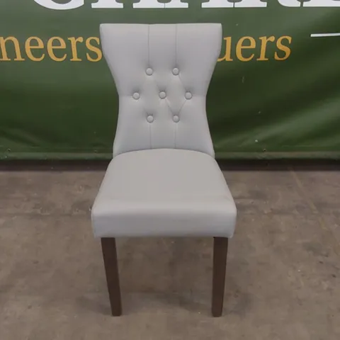 DESIGNER GREY LEATHER BUTTON BACK DINING CHAIR WITH BROWN LEGS