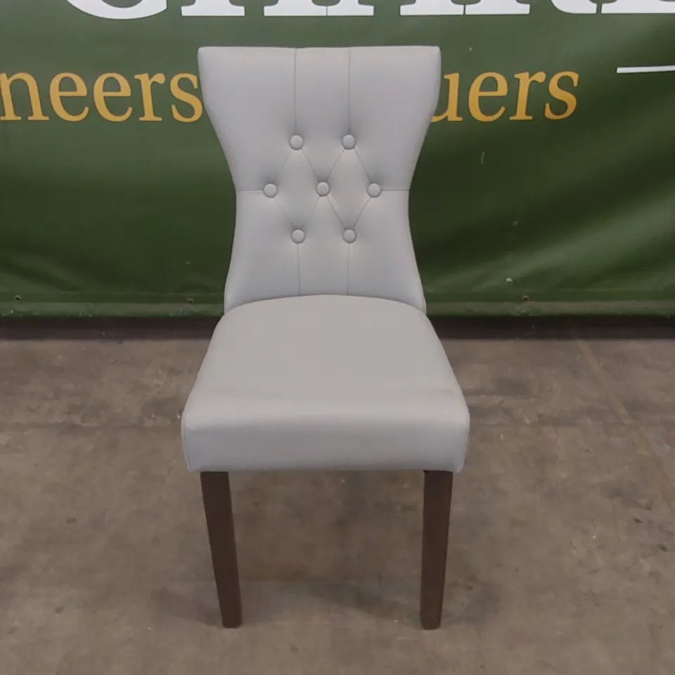 DESIGNER GREY LEATHER BUTTON BACK DINING CHAIR WITH BROWN LEGS