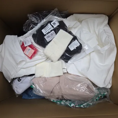 LARGE BOX OF ASSORTED CLOTHING ITEMS IN VARIOUS SIZES, STYLES AND COLOUR 