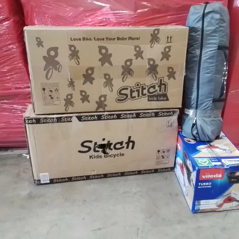PALLET OF ASSORTED HOUSEHOLD PRODUCTS AND ITEMS TO INCLUDE;KIDS BIKES,CAMPING TENT,VILEDA MOPPING SET