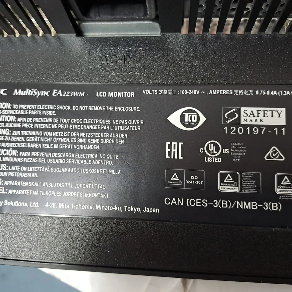 NEC MULTISYNC MONITOR MODEL EA223WM-BK SERIAL #65394198TB