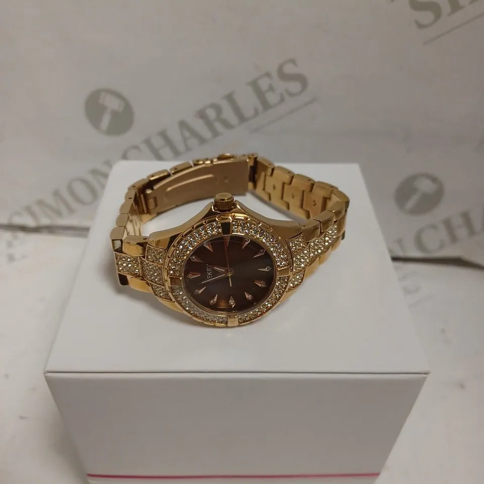 BOXED SEKSY BY SEKONDA LADIES ROSE GOLD STONE SET WATCH WITH STAINLESS STEEL BACK - JAPAN MOVEMENT. 