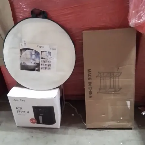 PALLET OF ASSORTED HOUSEHOLD GOODS AND PRODUCTS TO INCLUDE;MOSQUITO NET,AIR FRYER,SHOE STAND