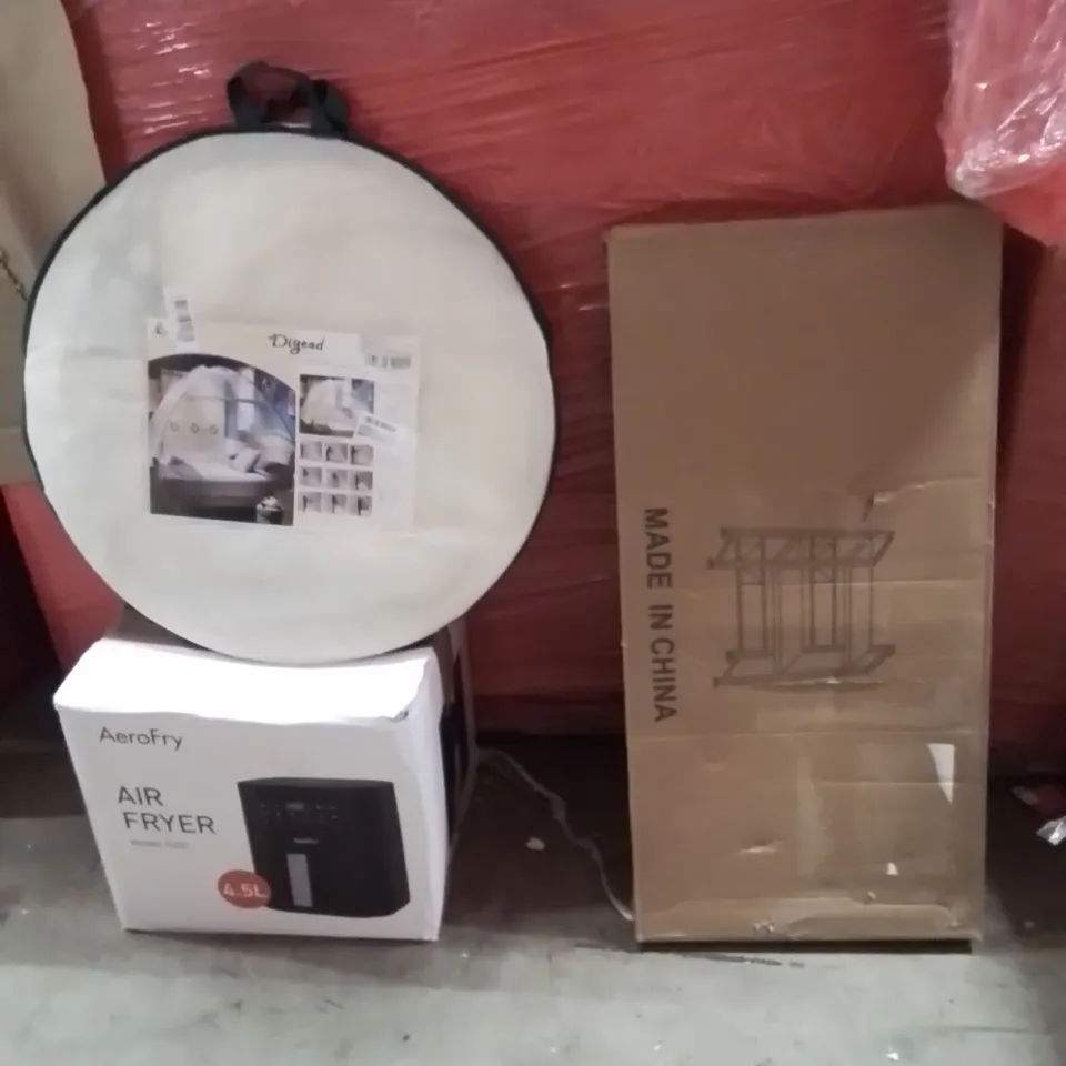 PALLET OF ASSORTED HOUSEHOLD GOODS AND PRODUCTS TO INCLUDE;MOSQUITO NET,AIR FRYER,SHOE STAND
