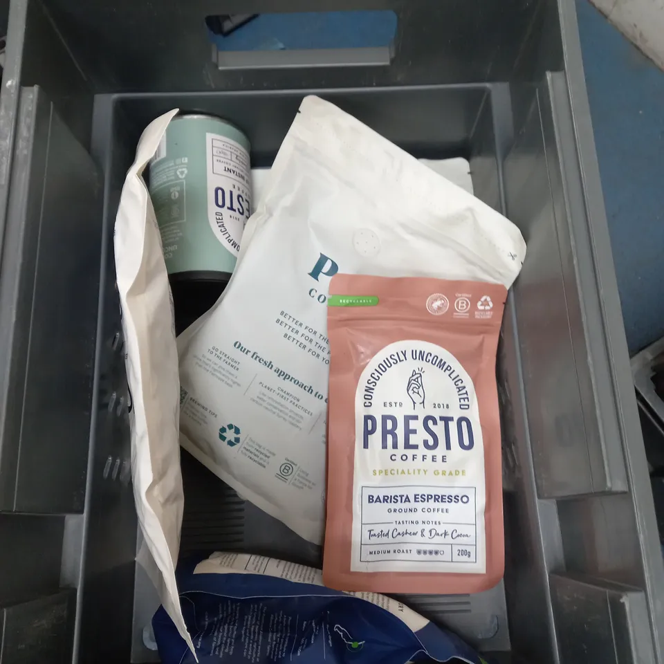 LOT OF 9 ASSORTED COFFEE BEANS, PODS AND GROUND COFFEE TO INCLUDE GRIND AND PRESTO