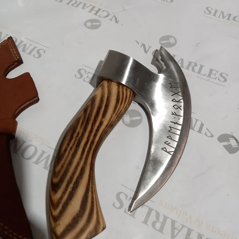 PIZZA AXE KNIFE WITH WOODEN HANDLE AND LEATHER HOLSTER SHEATH