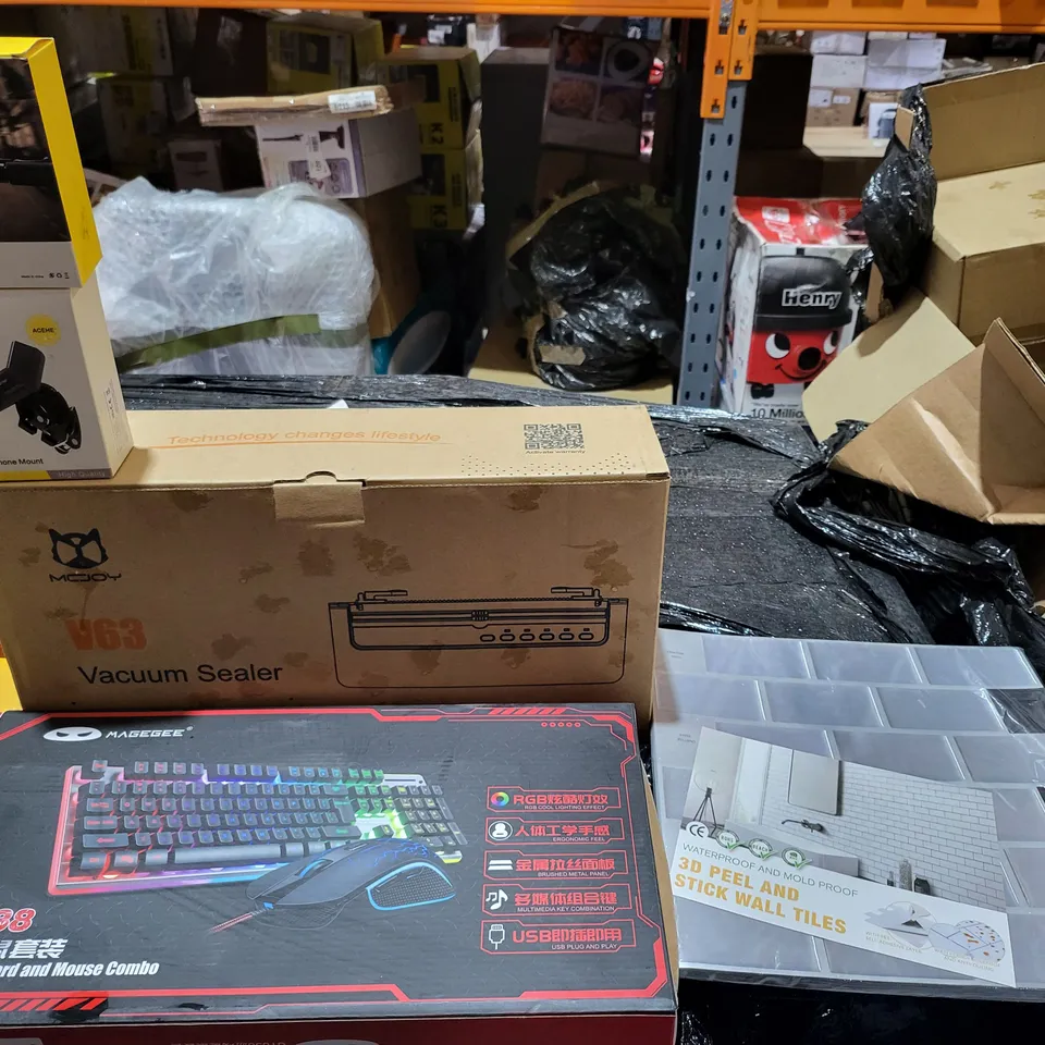 PALLET OF A SIGNIFICANT QUANTITY OF ASSORTED ITEMS TO INCLUDE 3D PEEL AND STICK WALL TILES  V63 VACUUM SEALER, BIKE PHONE MOUNT, GT838 GAMING COMBO, ETC