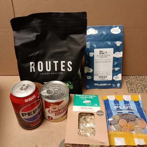 APPROXIMATELY 10 ASSORTED FOOD/DRINK PRODUCTS TO INCLUDE DETOX TEA, PEPSI, ROUTES COFFEE ETC 