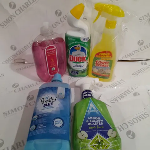 TOTE OF ASSORTED HOUSEHOLD ITEMS TO INCLUDE ELBOW GREASE, DUCK AND MOULD BLASTER