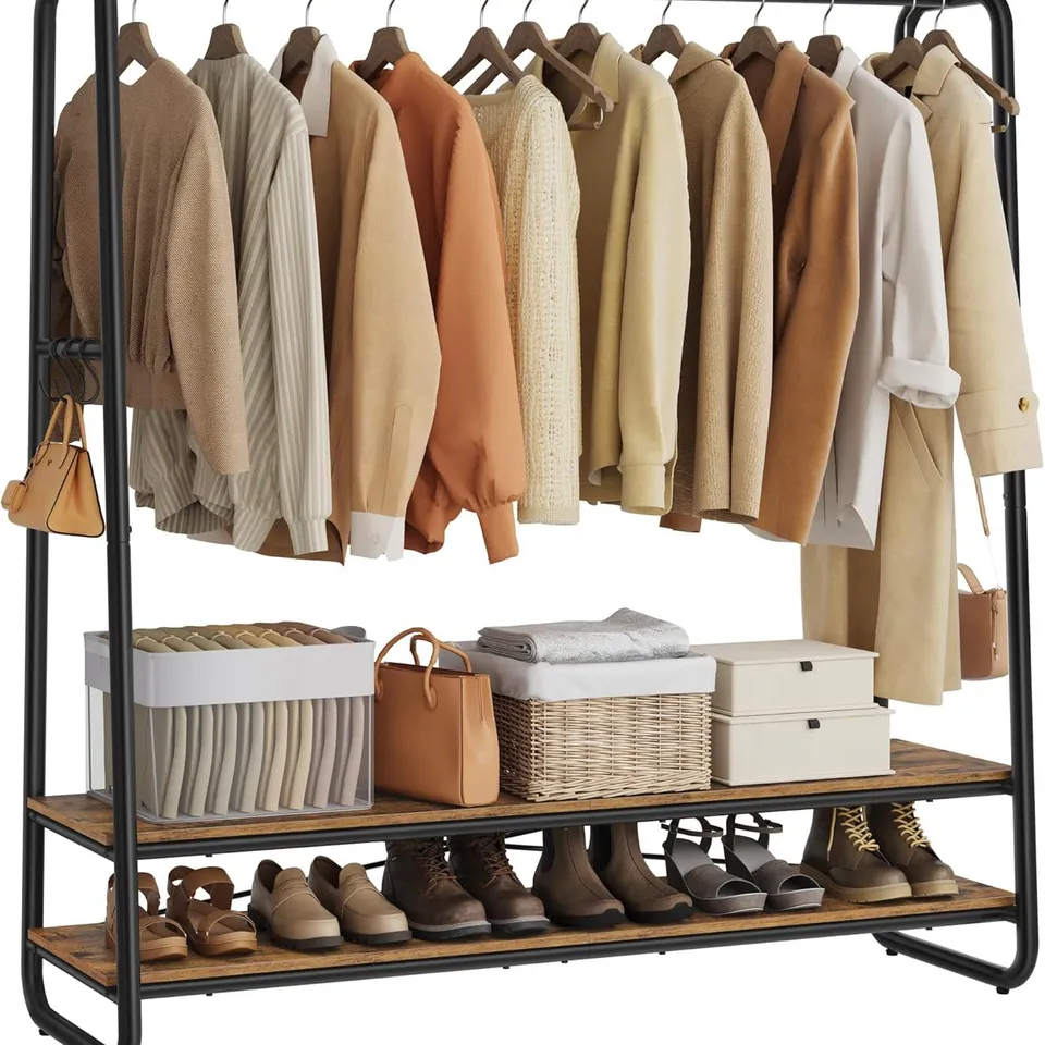 BOXED VASAGLE CLOTHES RAIL, CLOTHES RACK WITH 2 SHELVES - BROWN/BLACK