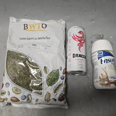 APPROXIMATELY 14 ASSORTED DRINKS ITEMS TO INCLUDE - BWTO LOOSE JAPANESE SENCHA TEA , DRAGON ENERGY , ABBOT ENSURE ETC