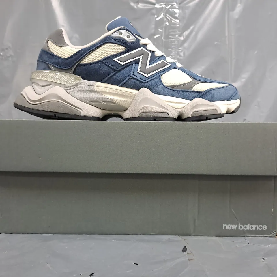 BOXED PAIR OF NEW BALANCE 9060 TRAINERS IN BLUE/OFF-WHITE SIZE UK 6