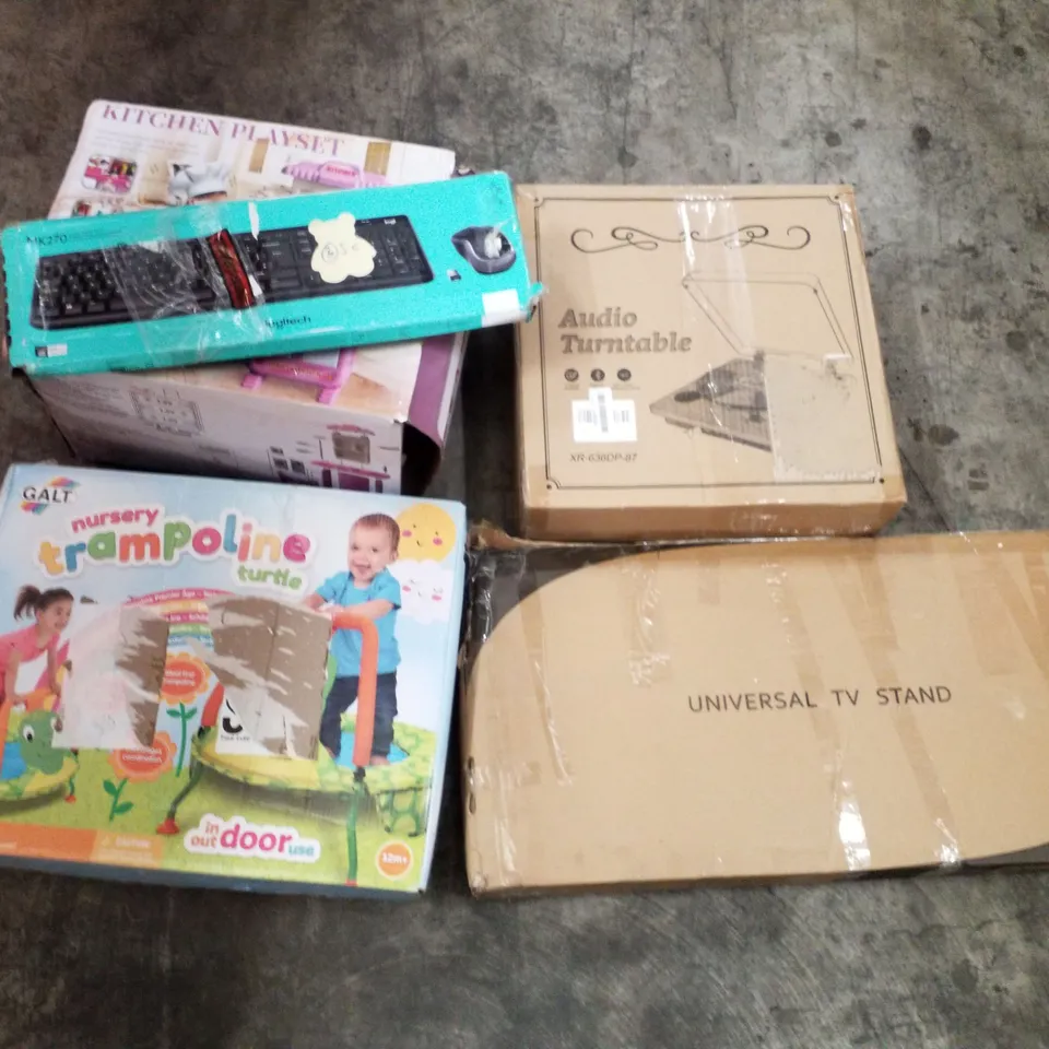 PALLET OF ASSORTED PRODUCTS INCLUDING KEYBOARD, AUDIO TURNTABLE, UNIVERSAL TV STAND, NURSERY TRAMPOLINE, KITCHEN PLAYSET