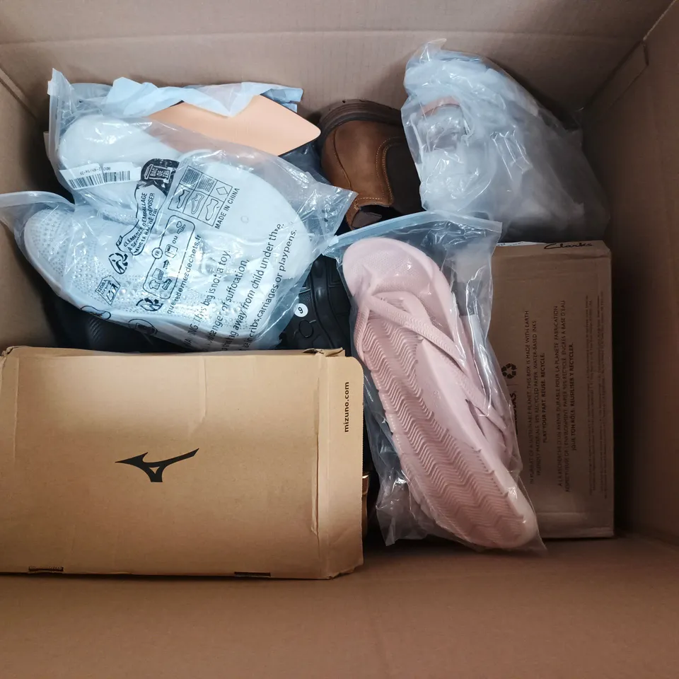 BOX OF APPROXIMATELY 10 PAIRS OF ASSORTED SHOES IN VARIOUS COLOUR, STYLES AND SIZES