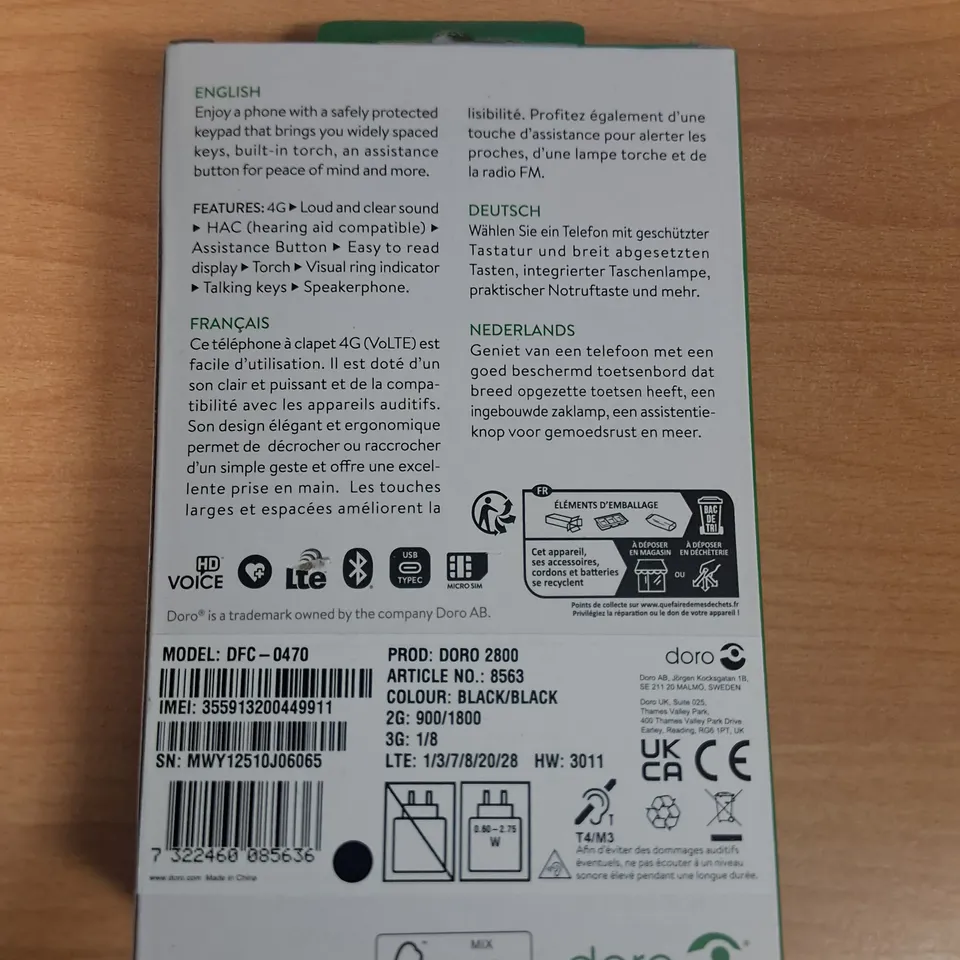 SEALED DORO 2800 4G MOBILE PHONE IN BLACK - DFC-0470