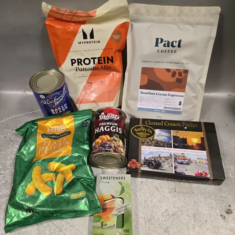 APPROXIMATELY 10 ASSORTED FOOD/DRINK PRODUCTS TO INCLUDE PACT COFFEE, CLOTTED CREAM FUDGE, PROTEIN PANCAKE MIX ETC 