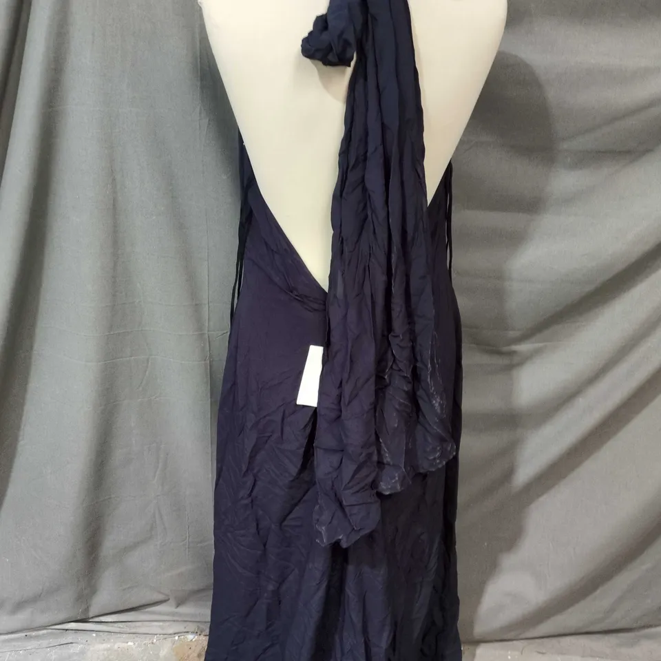 COS DRAPED HALTER-NECK BACKLESS MAXI DRESS - NAVY, SIZE 14