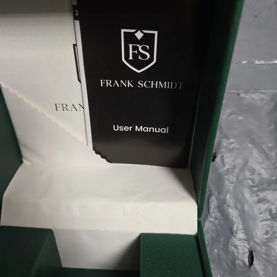 FRANK SCHMIDT FS WRISTWATCH WITH BLACK LEATHER STRAP – BOXED