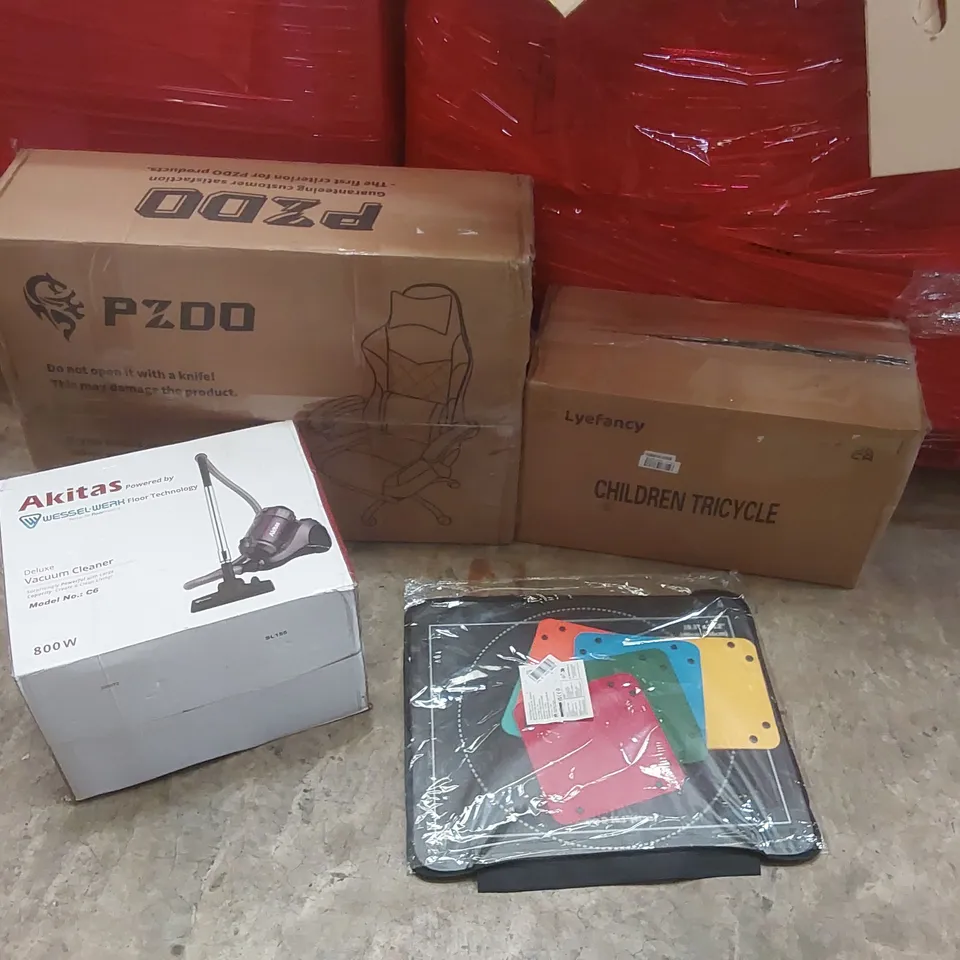 PALLET CONTAINING A LARGE QUANTITY OF ASSORTED ITEMS INCLUDING: GAMING CHAIR, AKITAS DELUXE VACUUM CLEANER, CHILDREN'S TRICYCLE, JIGSAW BOARD ECT
